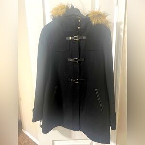 Cole Haan Black Cape with Gold Faux Fur Trim